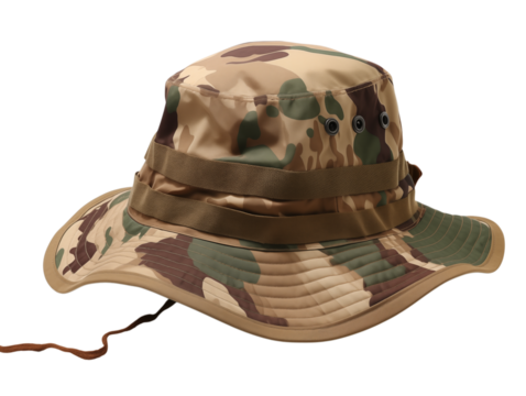 A camouflage boonie hat with a brown band and a brown string on a transparent background is displayed png