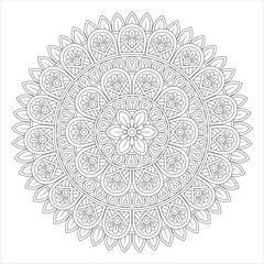 A detailed black and white mandala design featuring intricate floral patterns and symmetrical shapes, perfect for coloring or artistic projects.