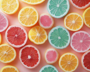 Obraz premium Colorful assortment of sliced citrus fruits, showcasing vibrant colors and fresh textures.