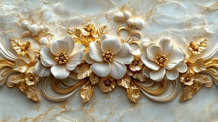 Floral ornament with white flowers and golden leaves on marble background.
