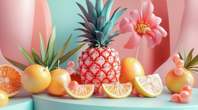 Tropical fruit layout with pineapple and citrus on colorful backdrop