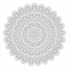 A detailed mandala design featuring intricate patterns and floral motifs, suitable for coloring or artistic projects. The circular layout emphasizes symmetry and harmony.
