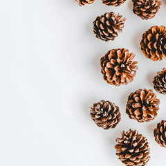 Natural pine cones arranged in a decorative border on a clean white background, creating a rustic, festive frame perfect for seasonal, holiday, winter, and nature-themed designs or projects