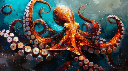 Fototapeta premium Giant octopus extending its tentacles deep orange hues blending with the deep blue ocean mesmerizing marine wildlife close up