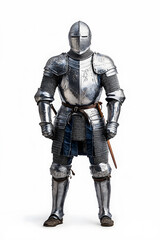 Fototapeta premium Medieval knight in shiny metallic armor isolated on background