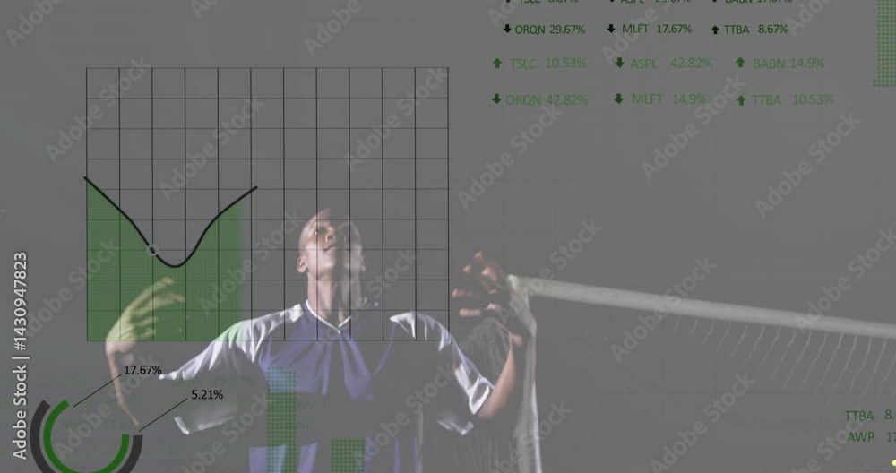 Poster male soccer player standing in goal net, gazing upward with tech overlay displaying graphs metrics