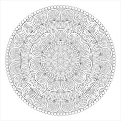 A detailed black and white mandala design featuring intricate patterns, circles, and floral elements. Suitable for coloring or artistic projects.