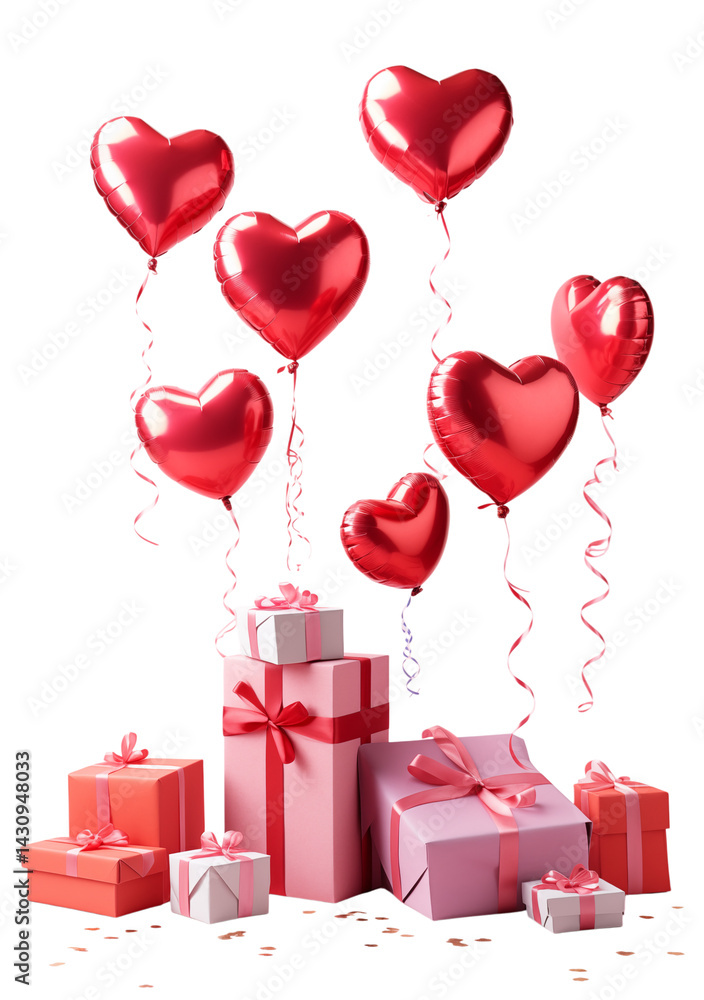Poster heart shaped balloons floating above a stack of presents against a transparent background scene view