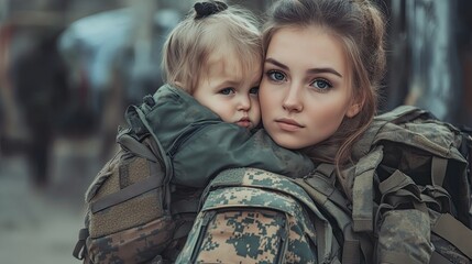 Fototapeta premium A soldier in camouflage uniform embraces a young child, who is joyfully hugging them back.