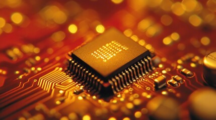 Close-up view of a microchip on a circuit board.