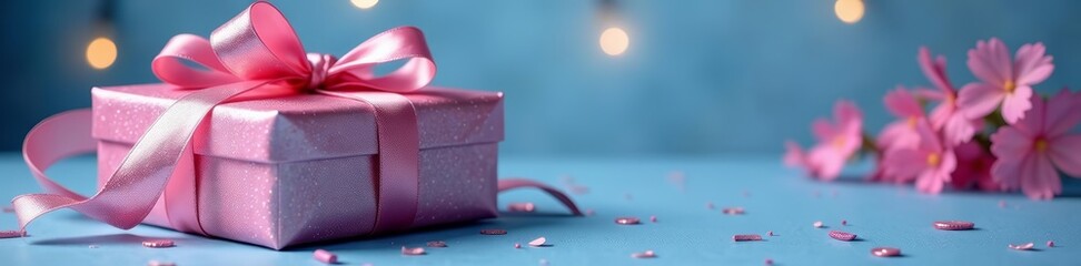 Elegant decorative presents in pink and blue hues with shimmering glitter accents, festive, shiny