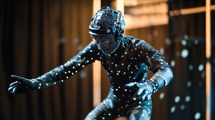 Motion capture performer in futuristic bodysuit.
