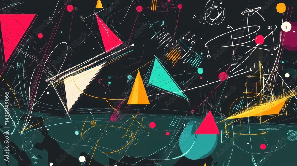 Poster vibrant abstract geometric shapes and lines in dynamic composition