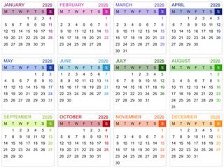 Modèle de calendrier 2026 pour agenda, planning, organiseur avec textes en anglais - textes vectorisés et non vectorisés sur calques séparés