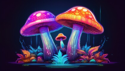 Two Vibrant Pixel Art Mushrooms With Neon Colors