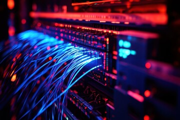 Fototapeta premium Advanced technology network with vibrant lights and connections in a data center