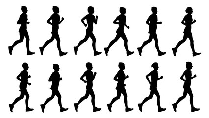 silhouettes depicting various phases of a running cycle, ideal for sports motion studies, animation references, educational resources, and dynamic creative projects
