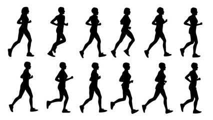 silhouettes showcasing 12 sequential phases of a running cycle, ideal for sports motion studies, animation references, educational materials, and creative projects
