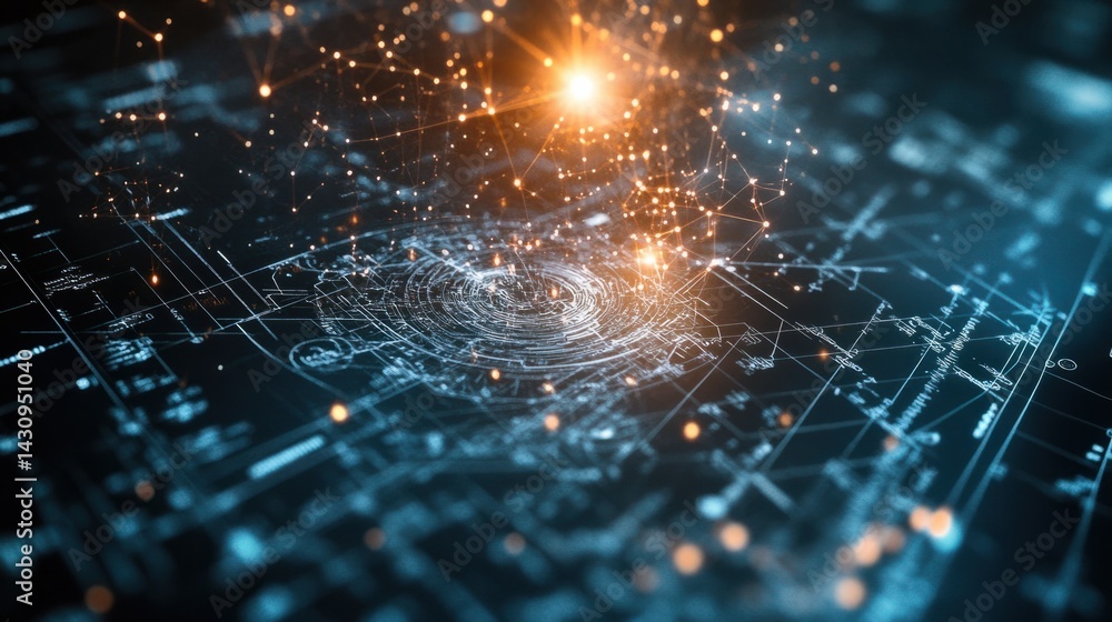 Poster abstract digital design with glowing particles and technical lines