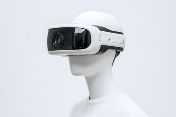 3d White humanoid robot head with a CCTV camera isolated on white background. Camera video security