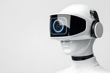 3d White humanoid robot head with a CCTV camera isolated on white background. Camera video security