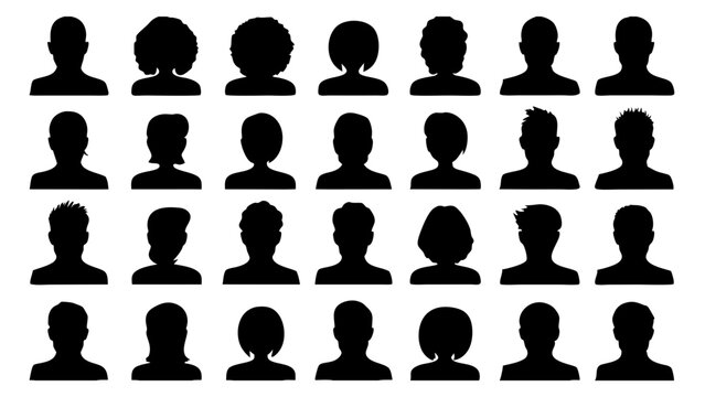 silhouettes of diverse human profiles with unique hairstyles and shapes, ideal for branding, posters, digital artwork, educational materials, and creative projects
