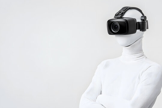 3d White humanoid robot head with a CCTV camera isolated on white background. Camera video security