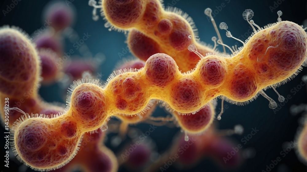 Poster detailed view of a microscopic bacteria cluster, presenting vibrant colors and intricate shapes. The bacteria appears to be in a state of multiplication