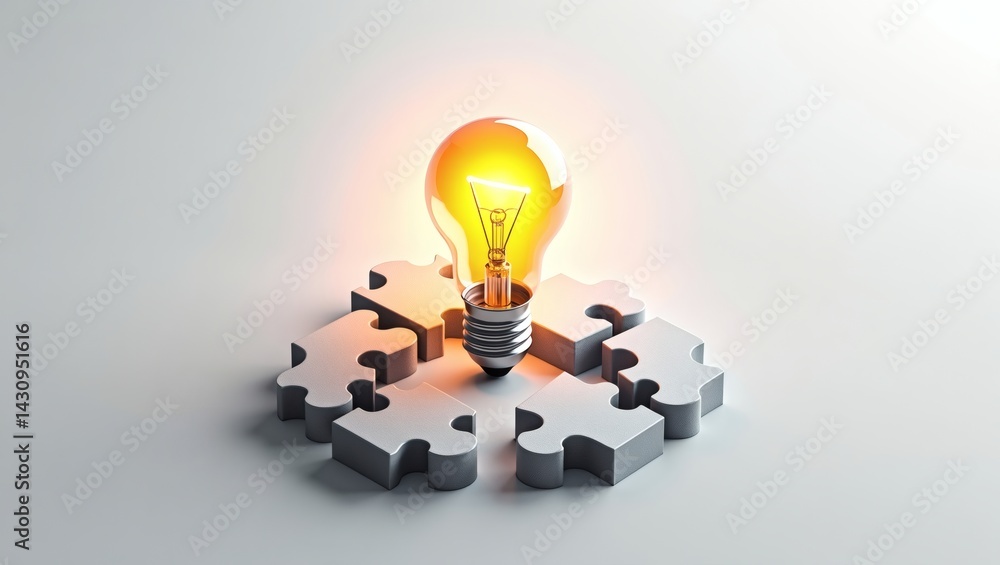 Poster glowing lightbulb placed on top of assembled jigsaw puzzle pieces. the lightbulb radiates a warm yel