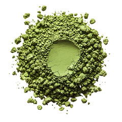 A image showcasing the rich vibrant green color and fine powdery texture of premium matcha tea powder neatly arranged in a circular pattern on a pristine white background