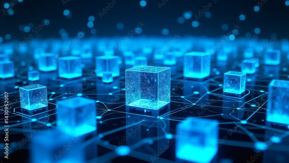 Poster abstract digital cube with network connection glowing in blue color creating a modern and high tech background