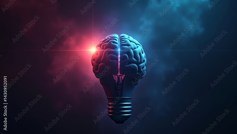 Poster a light bulb shaped as a human brain with a shining light in between. the light is red on one side a
