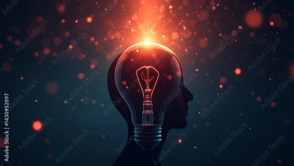 Poster a silhouette of a head with a glowing lightbulb for a brain, against a deep blue background with sca