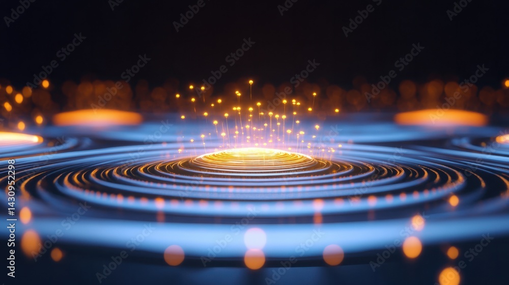 Poster dynamic light waves with glowing particles in dark space