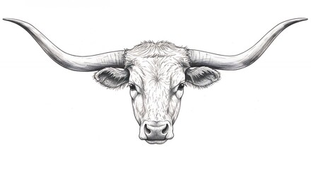 Grayscale longhorn cattle head illustration