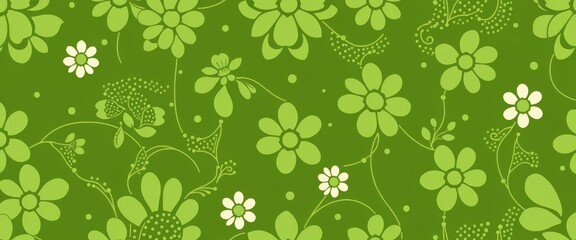 Elegant green floral seamless pattern with dots and lines; ideal for various applications, nature, floral