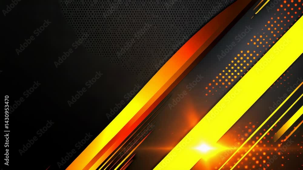Poster abstract background with overlapping diagonal shapes in yellow, orange, and black and glowing dot pa