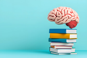 Human brain on stacked books isolated on blue background
