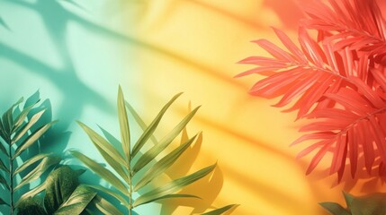 Colorful Tropical Leaves with Shadow Play on Vibrant Background
