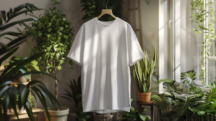 
White Oversized T-Shirt Mockup with Plants