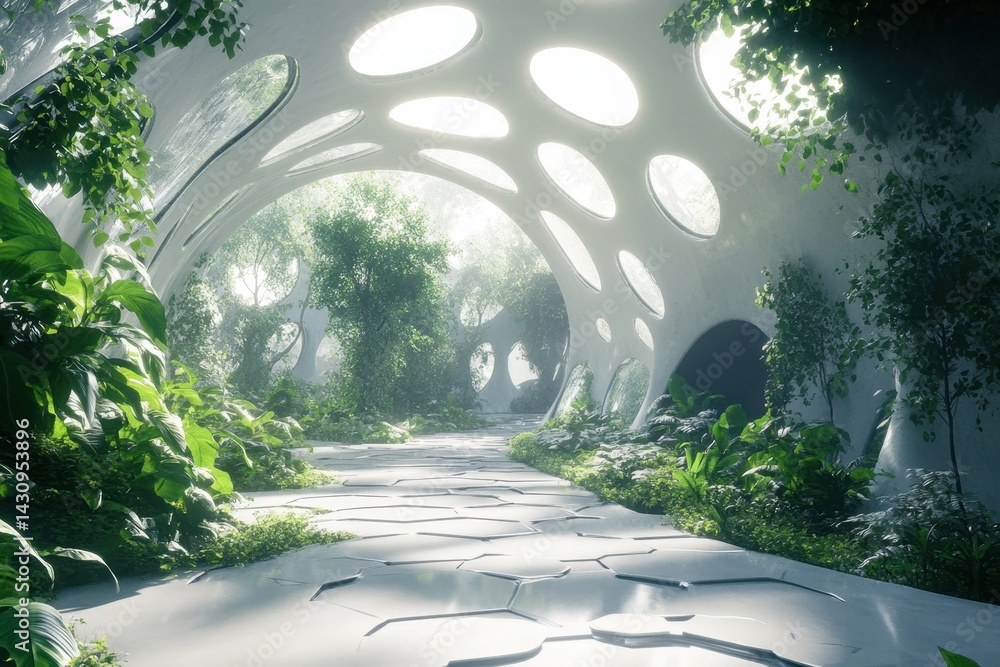 Poster lush greenery and organic architecture create a tranquil pathway in a futuristic setting
