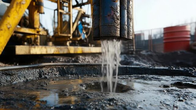 Drilling rig pouring water into mud pit during geothermal drilling operation