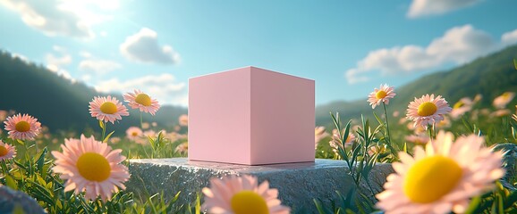 Pink Cube Display in a Field of Flowers
