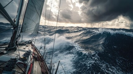 Dramatic ocean waves crashing against a sailboat in a storm.
