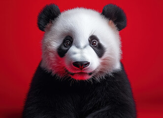 Obraz premium Adorable Giant Panda Portrait Against Vibrant Red Background Displaying Expressive Cute Face and Fluffy Fur