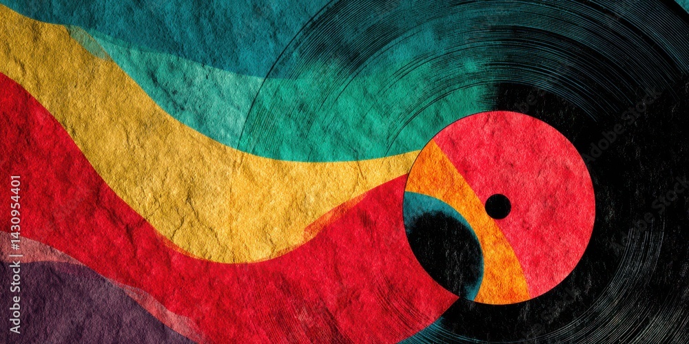 Poster A colorful painting of a record with a red circle on it