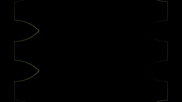 Square with puzzy notches, vertical frame with moving neon light effect, green frame. Long moving luminous lines. Blank black space for your own content in the middle.