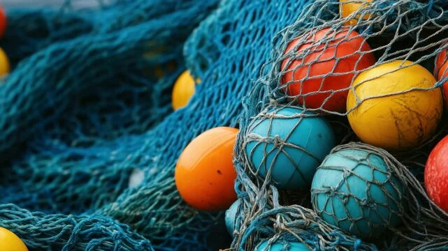 Colorful fishing net floats creating a vibrant pattern