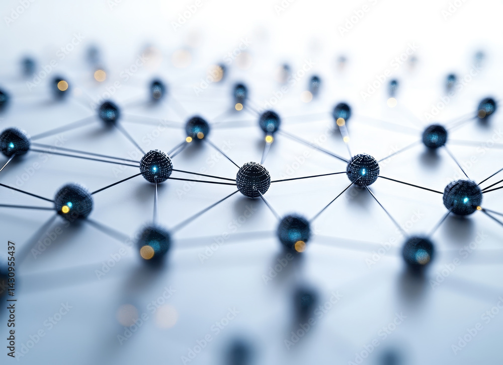 Poster abstract network connection concept with interconnected spheres and lines depicting data transfer an