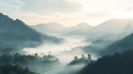 Fototapeta premium Misty Mountain Valley: Serene Sunrise Landscape